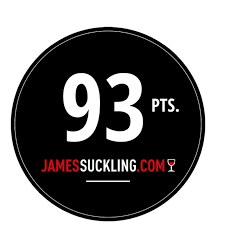 Black circle with 93 pts jamessuckling.com and a wine glass in red and white in the middle